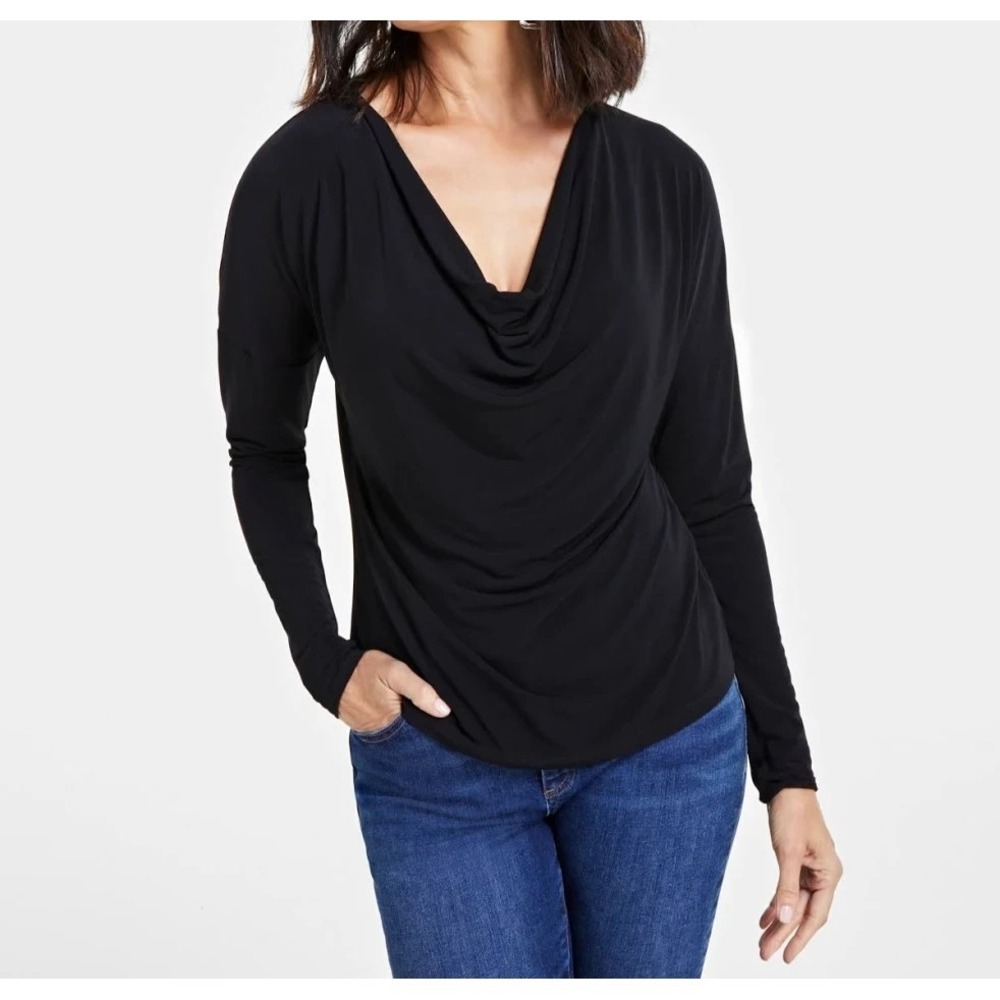 INC Black Drape Cowl Neck Long Sleeve Scrunched Sleeves Size Large NWT F02206
